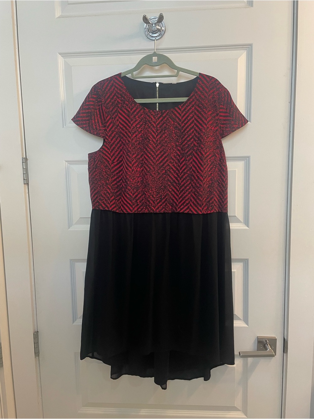 Red Patterned Empire Waist Dress with Black Chiffon Skirt Dress, XXL